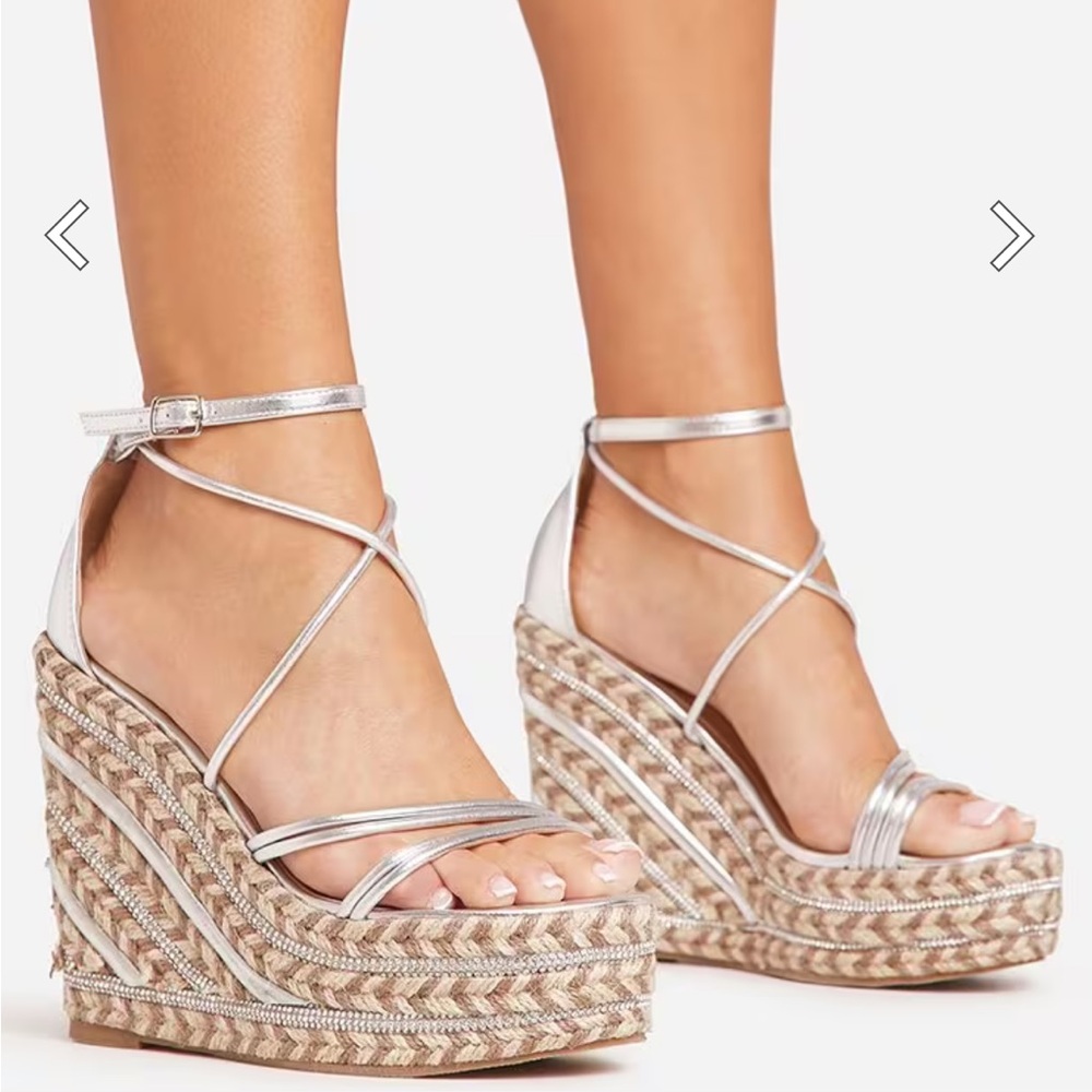 EGO shoes Mila Strappy Diamante Detail Platform Woven Wedges- Silver Faux Leathe